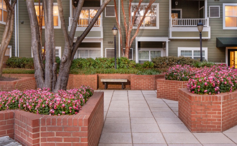 Courtyard with greenery and benches