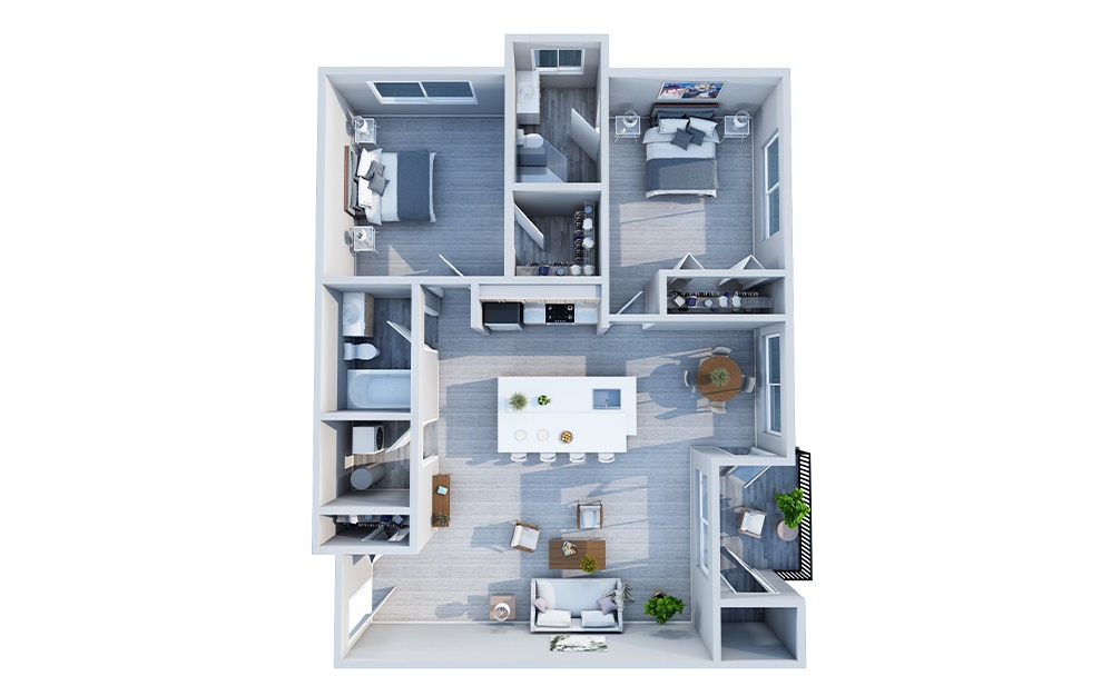 Elm - 2 bedroom floorplan layout with 2 baths and 1067 square feet.